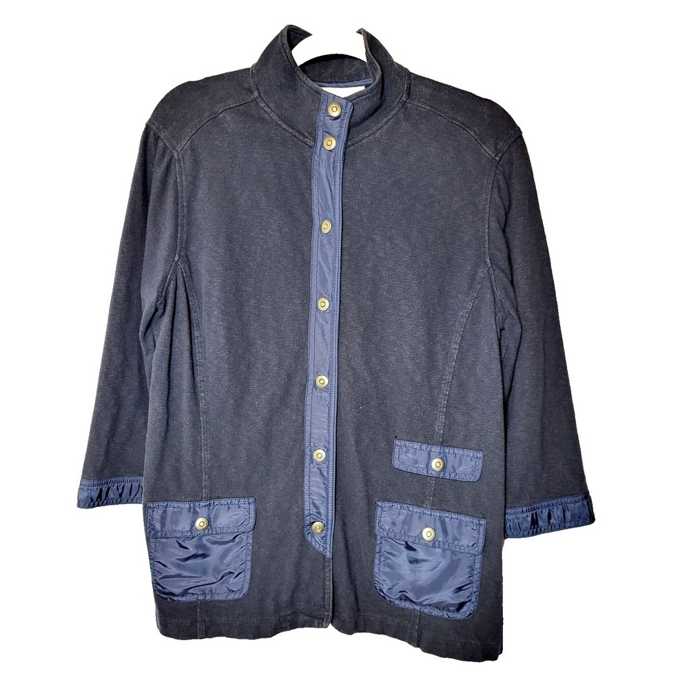 Zenergy Blue Knit Snap Front Jacket Pockets‎ High Collar Band Back Size Lg